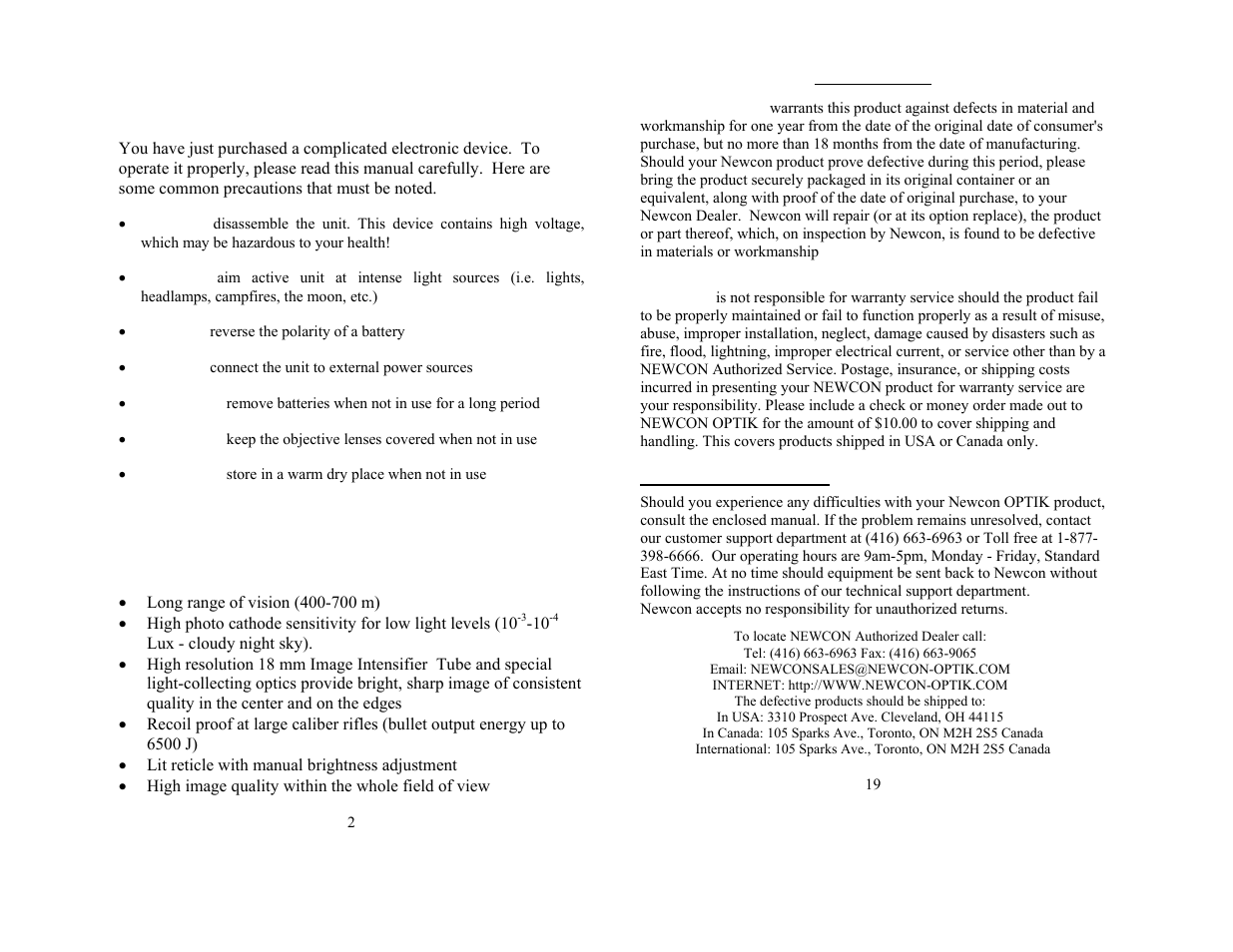 Important information, Read prior to activation | Newcon Optik DN482 User Manual | Page 2 / 10