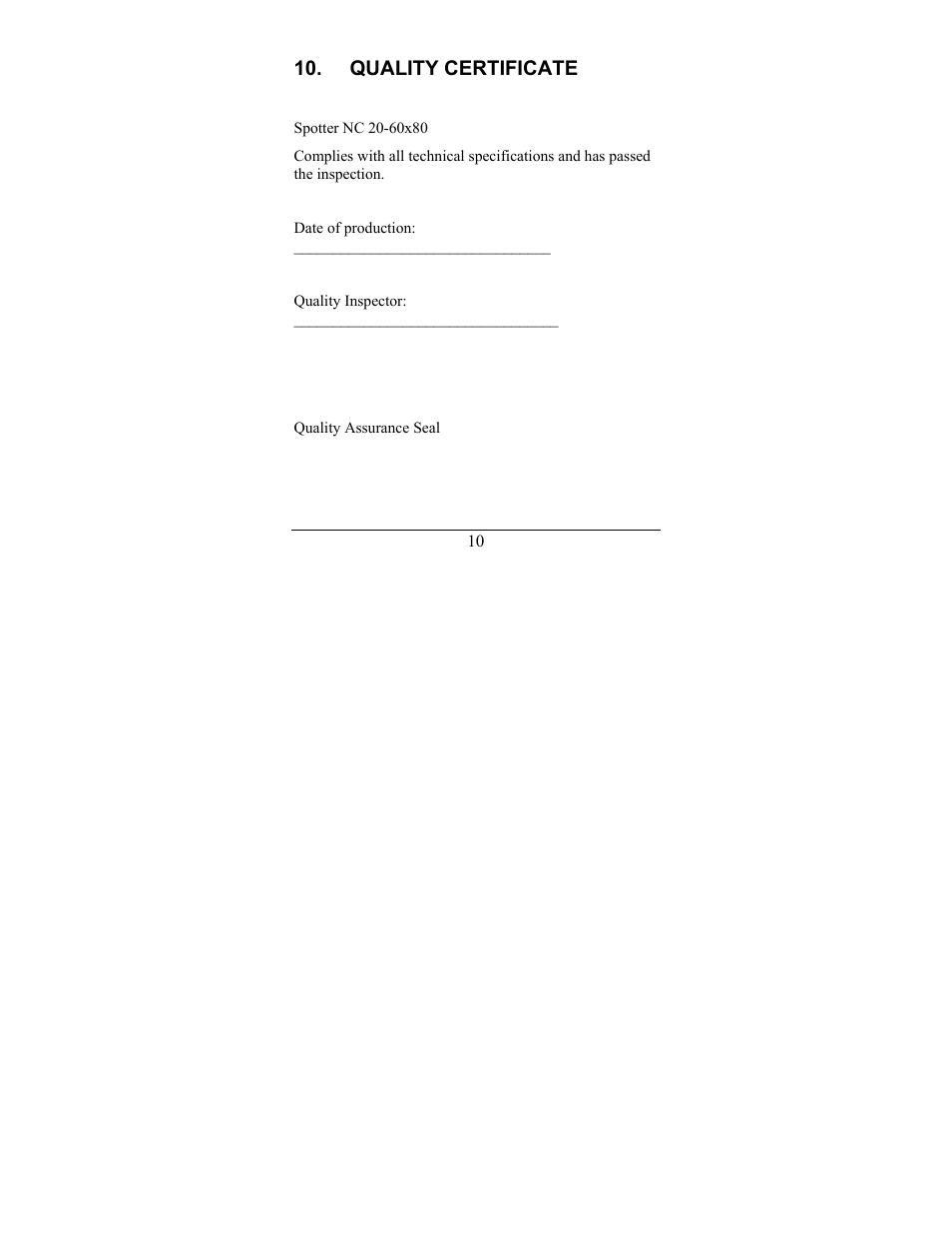 Quality certificate | Newcon Optik NC 20-60X80 User Manual | Page 13 / 16
