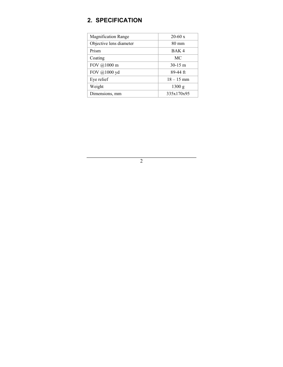 Specification | Newcon Optik NC 20-60X80 User Manual | Page 5 / 16