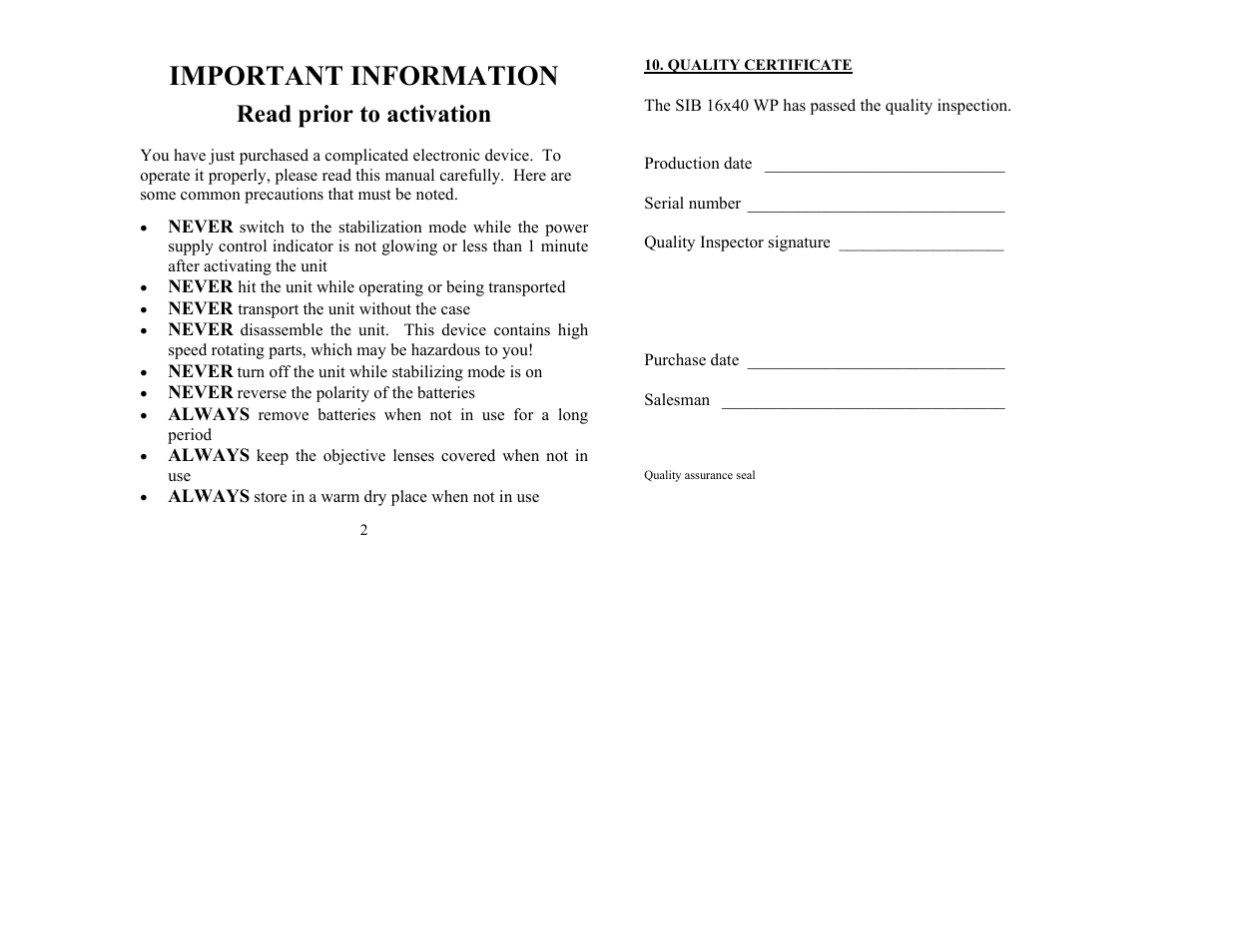 Important information, Read prior to activation | Newcon Optik BINOCULAR SIB 16X40 WP User Manual | Page 2 / 8