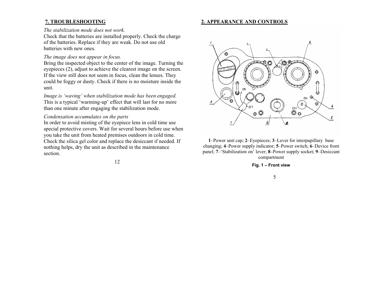 Troubleshooting, Appearance and controls | Newcon Optik BINOCULAR SIB 16X40 WP User Manual | Page 5 / 8