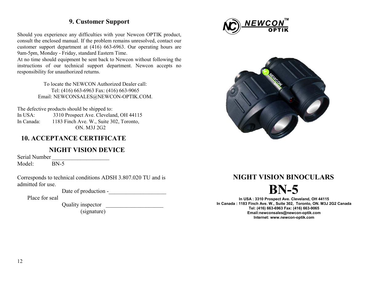 Newcon Optik NEWCON Night Vision BN5 User Manual | 6 pages