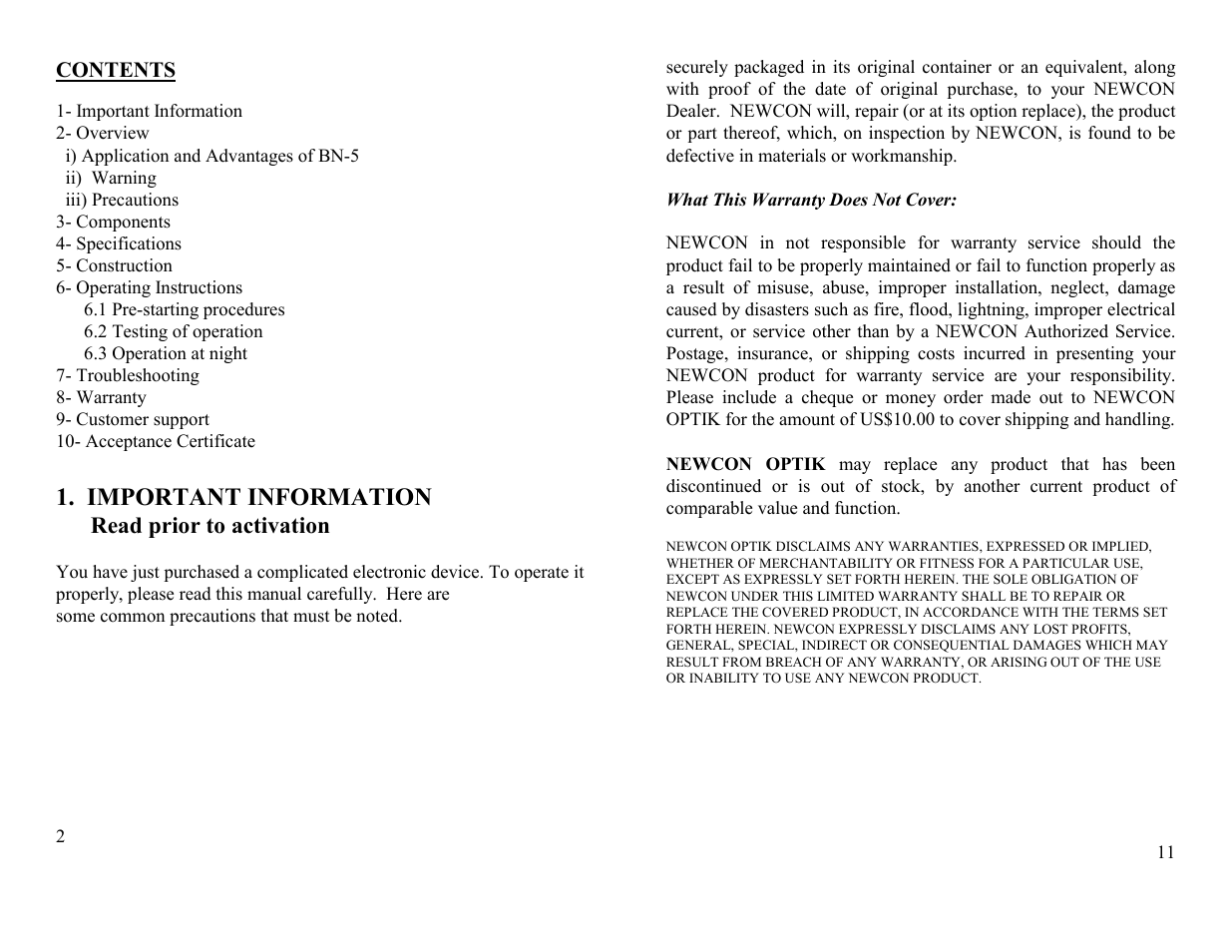 Important information, Read prior to activation | Newcon Optik NEWCON Night Vision BN5 User Manual | Page 2 / 6