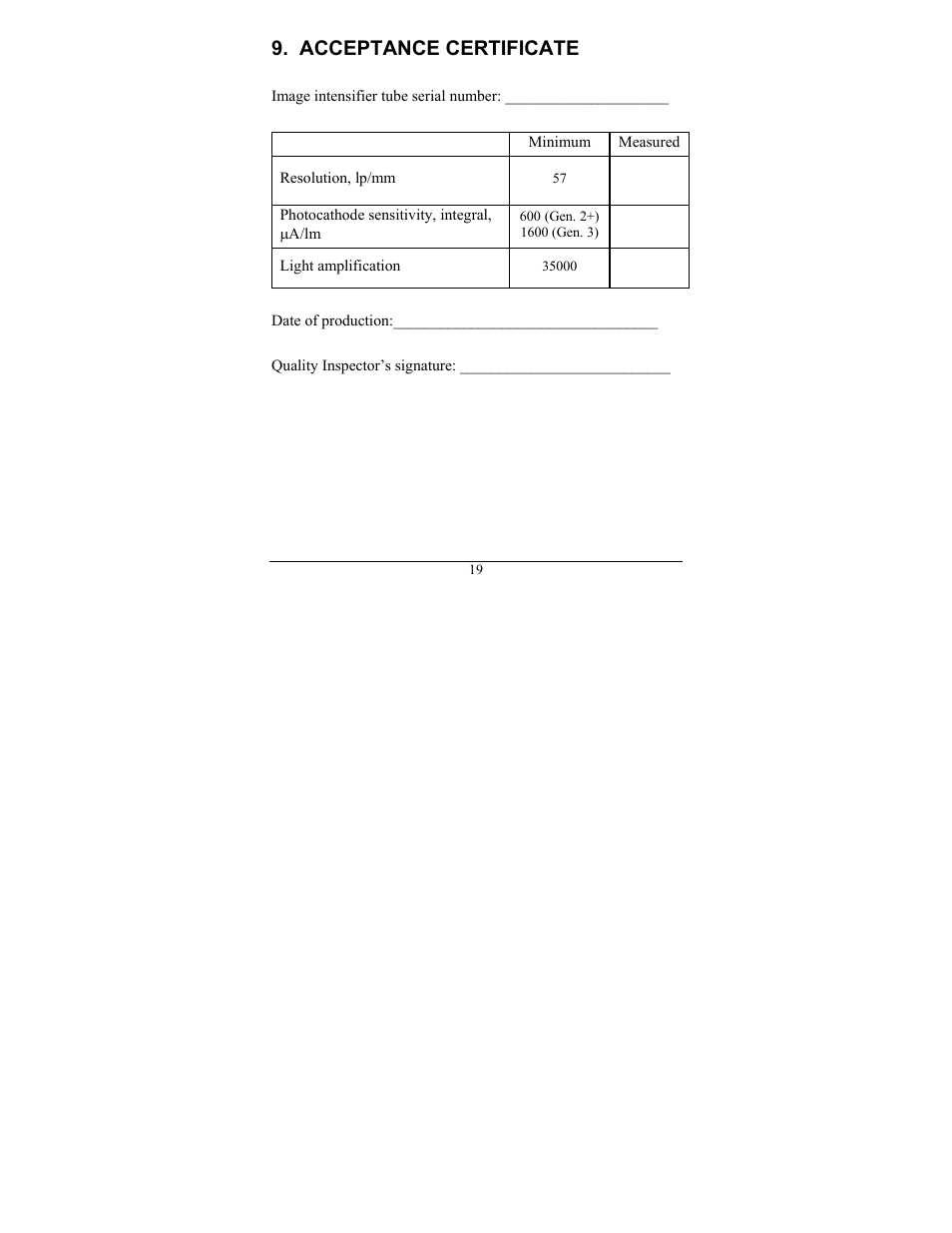 Acceptance certificate | Newcon Optik NSN: 5855-20-000-8284 NVS 7 User Manual | Page 22 / 24