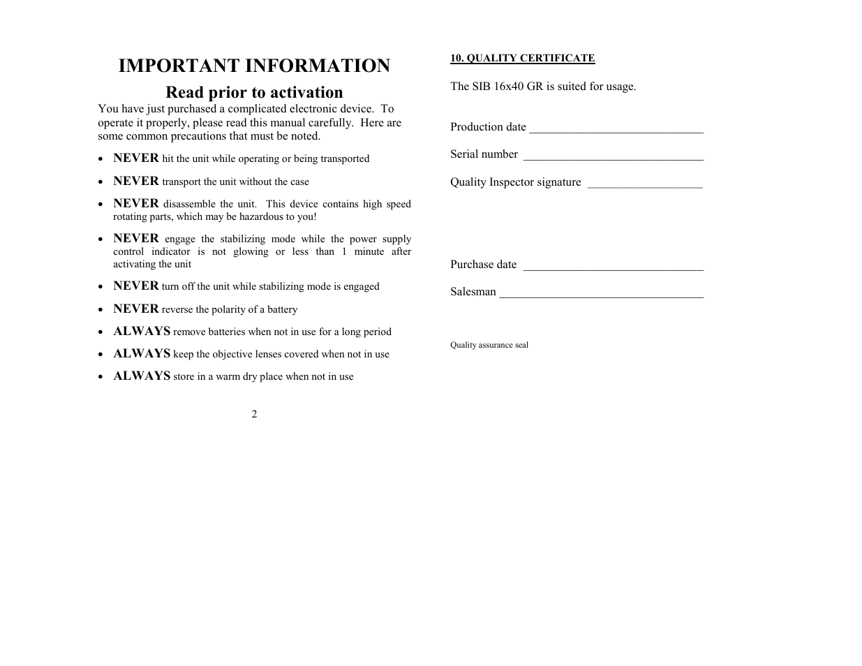 Important information, Read prior to activation | Newcon Optik NEWCON Image Stabilizer SIB 16X40 User Manual | Page 2 / 8