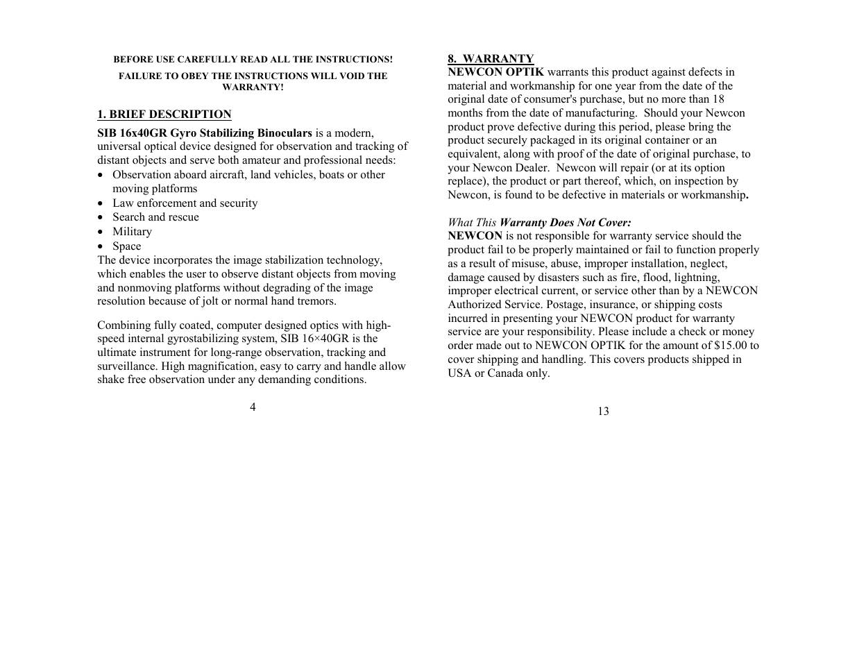 Newcon Optik NEWCON Image Stabilizer SIB 16X40 User Manual | Page 4 / 8