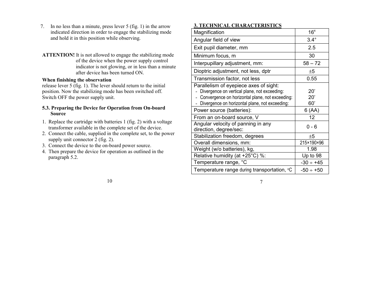 Technical characteristics | Newcon Optik NEWCON Image Stabilizer SIB 16X40 User Manual | Page 7 / 8