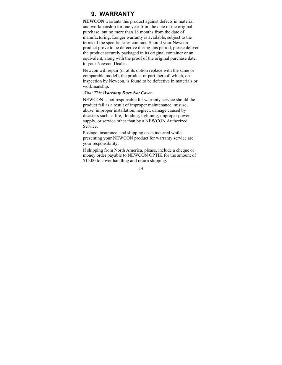 Warranty | Newcon Optik NVS 4 User Manual | Page 17 / 20