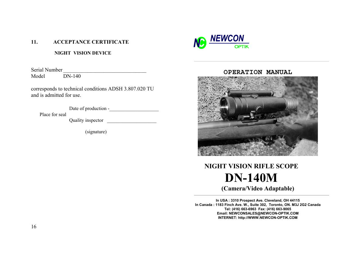 Newcon Optik NIGHT VISION RIFLE SCOPE DN-140 User Manual | 8 pages