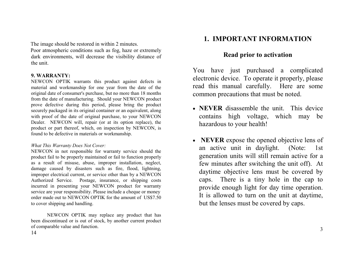 Important information | Newcon Optik NIGHT VISION RIFLE SCOPE DN-140 User Manual | Page 3 / 8