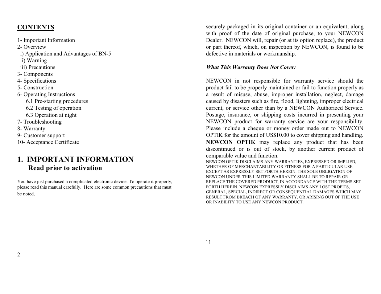 Important information, Read prior to activation | Newcon Optik BN-5 User Manual | Page 2 / 6