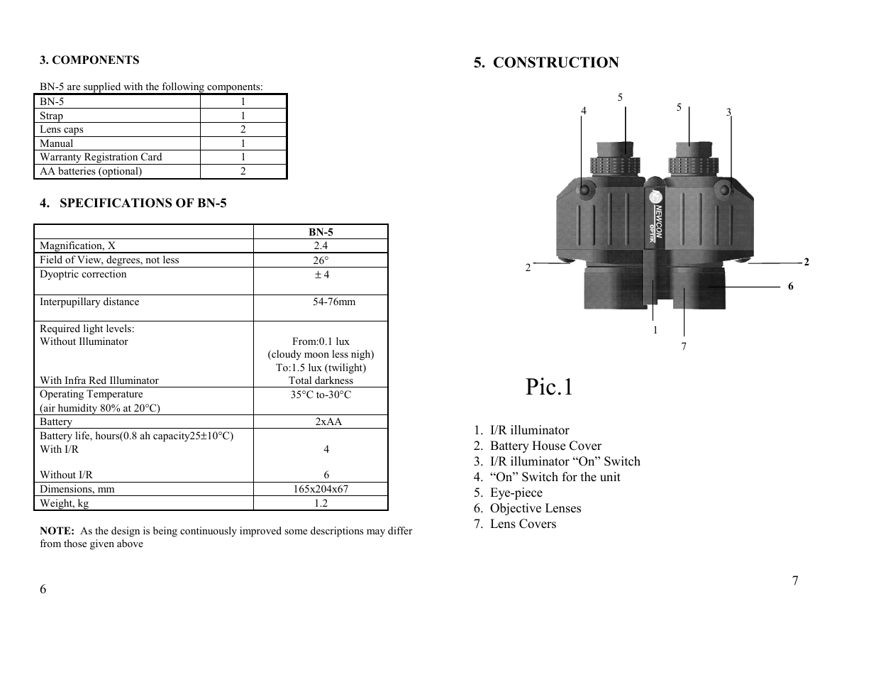 Pic.1, Construction | Newcon Optik BN-5 User Manual | Page 6 / 6