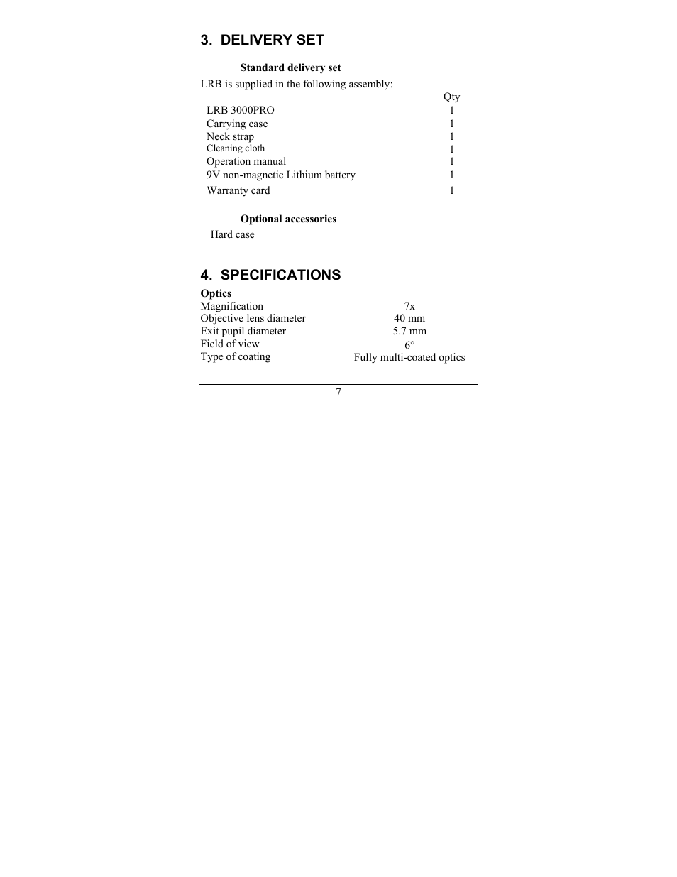 Delivery set, Specifications | Newcon Optik LRB 3000PRO User Manual | Page 11 / 28