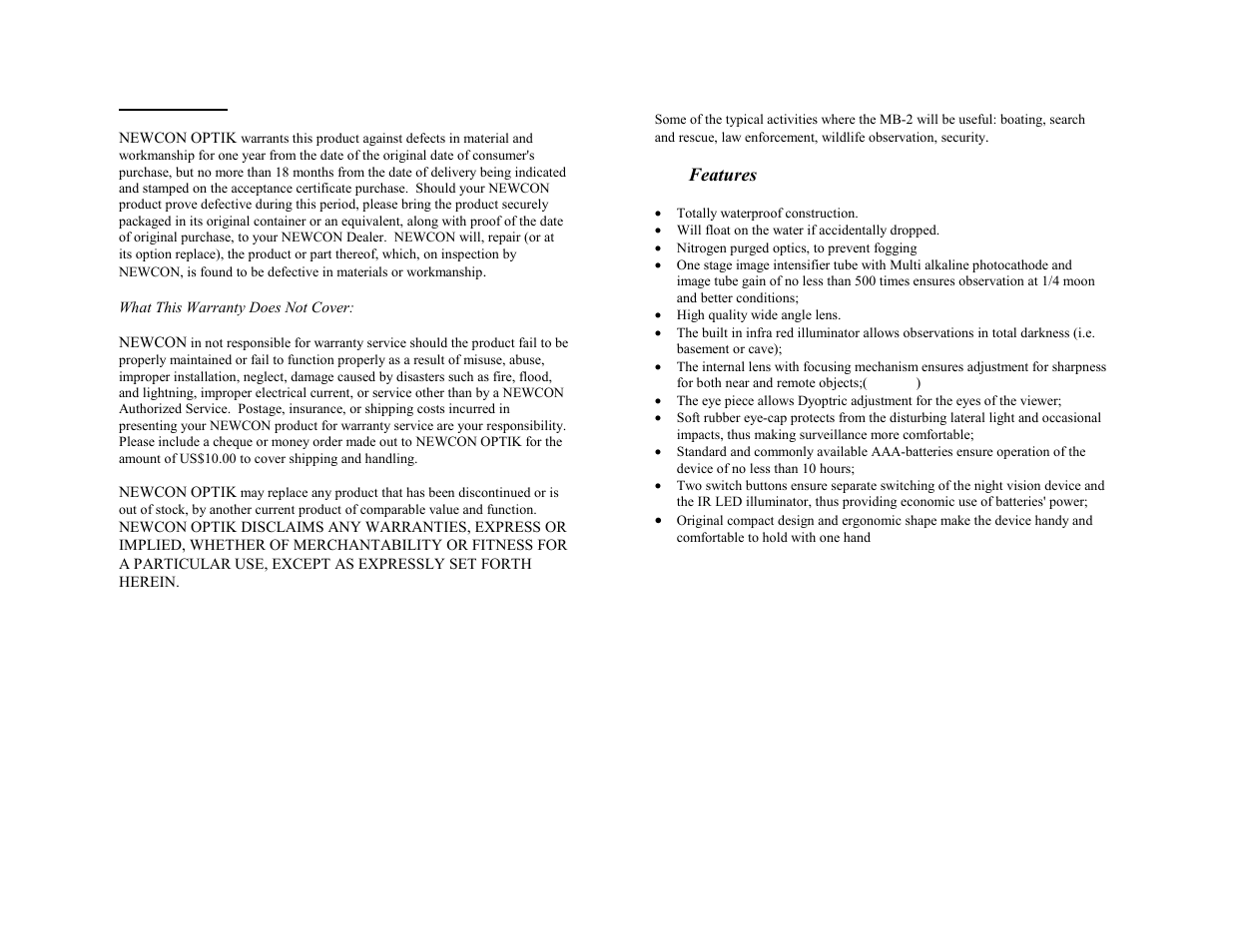 Features | Newcon Optik MB-2 User Manual | Page 5 / 8