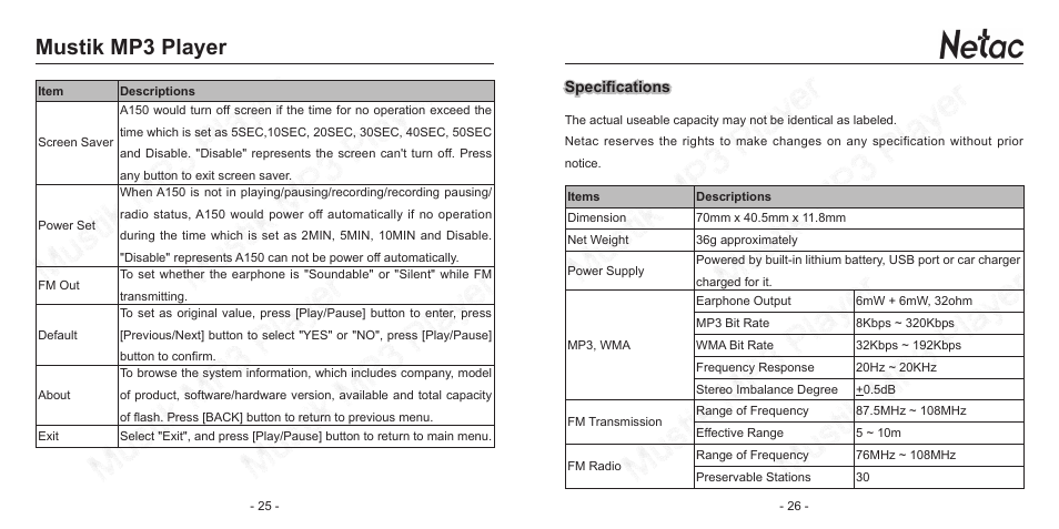 Mustik mp3 player | Netac Tech A150 User Manual | Page 16 / 20