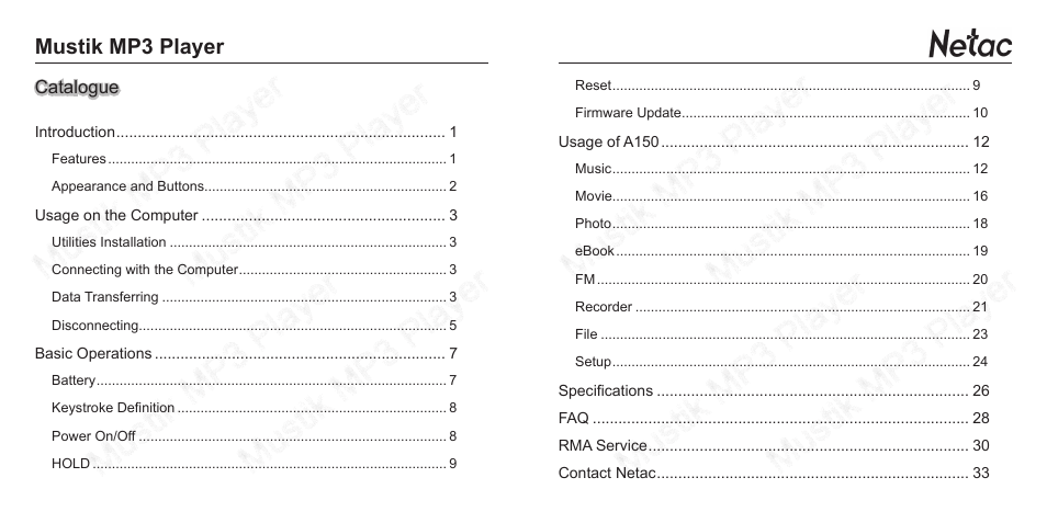 Mustik mp3 player | Netac Tech A150 User Manual | Page 3 / 20