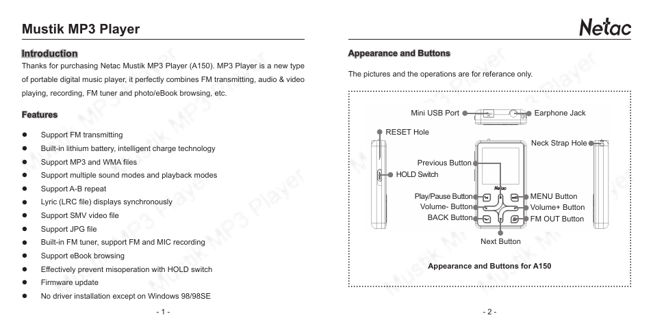 Mustik mp3 player | Netac Tech A150 User Manual | Page 4 / 20