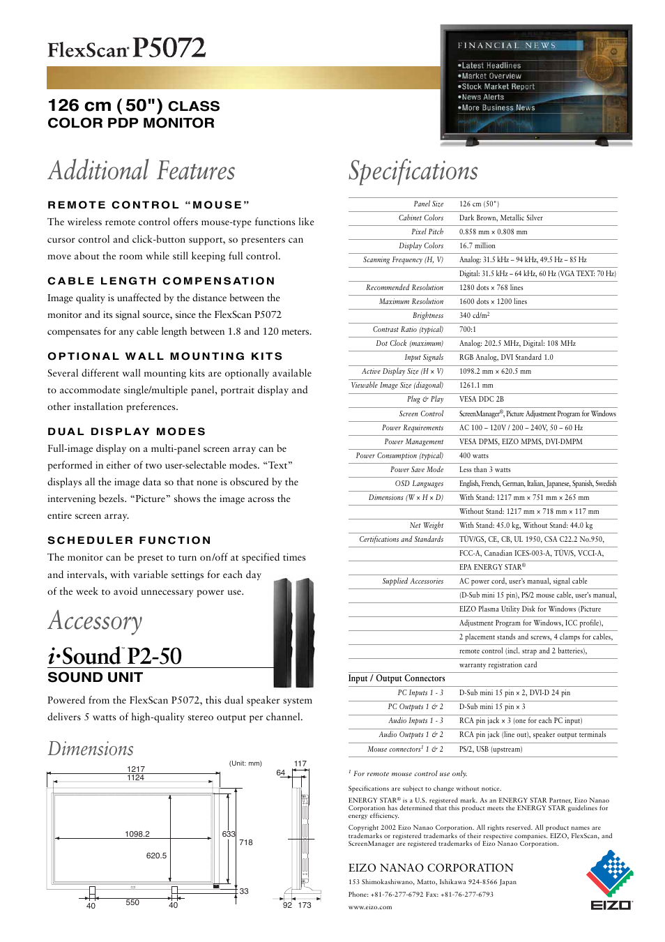 Additional features, Accessory, Specifications | Sound p2-50, Dimensions, Class color pdp monitor, Sound unit | Eizo FlexScan P5072 User Manual | Page 2 / 2
