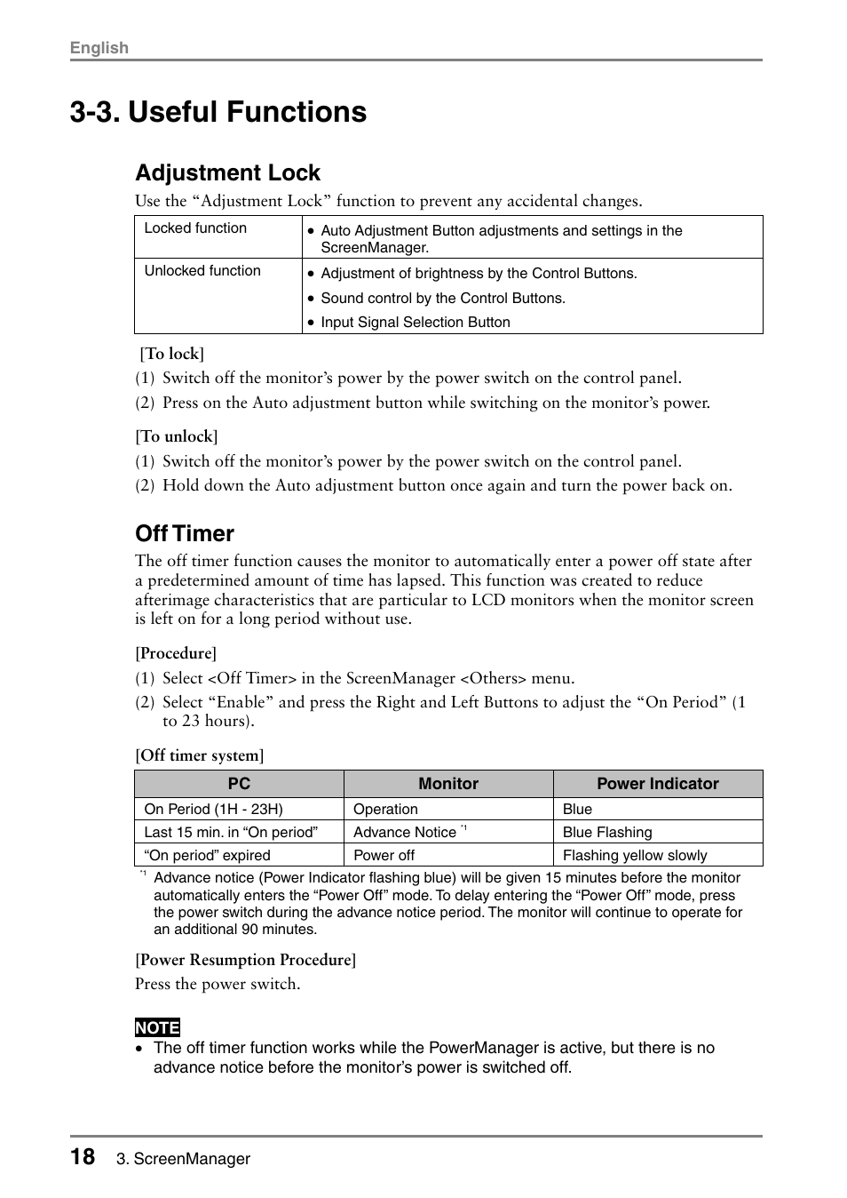 3. useful functions, Adjustment lock, Off timer | Eizo FlexScan L362T User Manual | Page 18 / 43