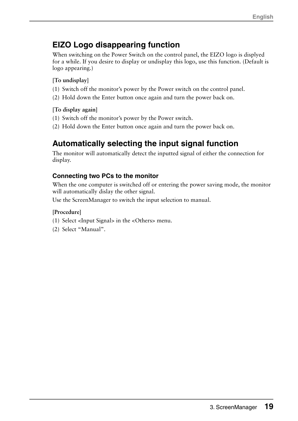 Eizo logo disappearing function, Automatically selecting the input signal function | Eizo FlexScan L362T User Manual | Page 19 / 43