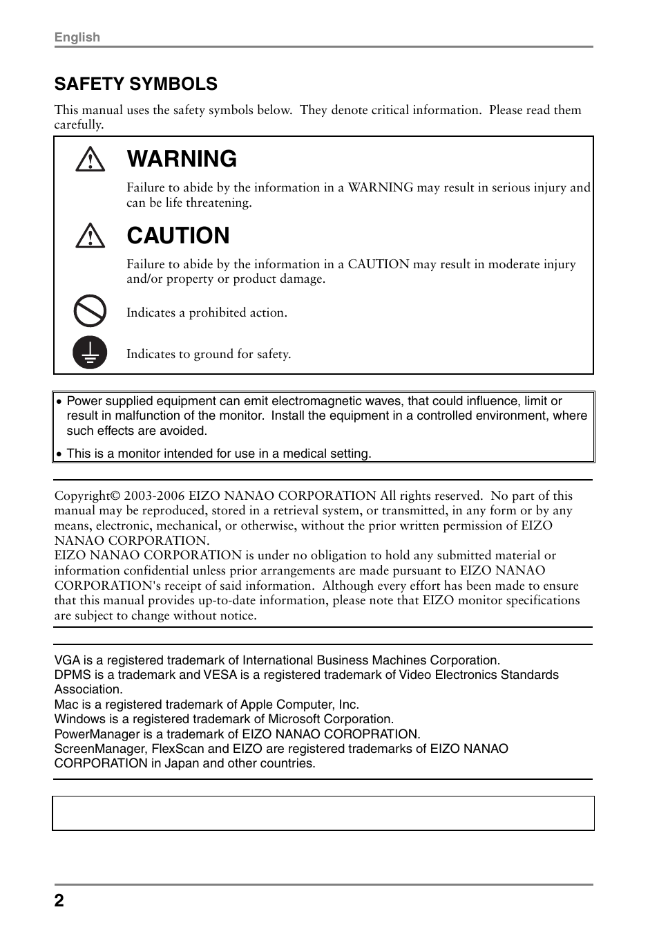 Safety symbols, Warning, Caution | Eizo FlexScan L362T User Manual | Page 2 / 43