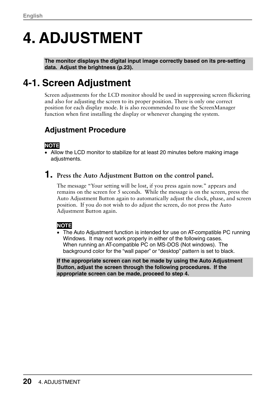 Adjustment, 1. screen adjustment | Eizo FlexScan L362T User Manual | Page 20 / 43