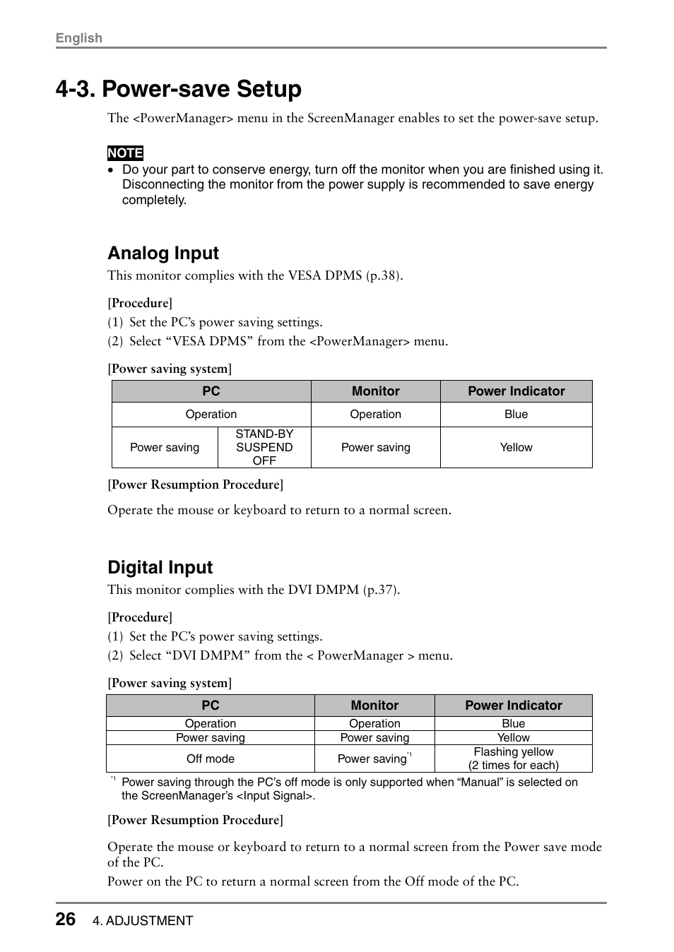 3. power-save setup, Analog input, Digital input | Eizo FlexScan L362T User Manual | Page 26 / 43