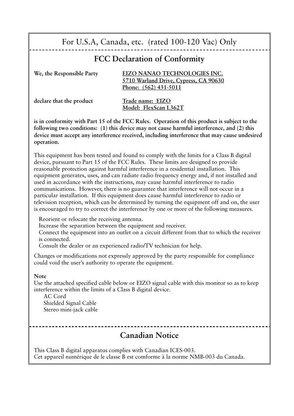 Fcc declaration of conformity, Canadian notice | Eizo FlexScan L362T User Manual | Page 40 / 43