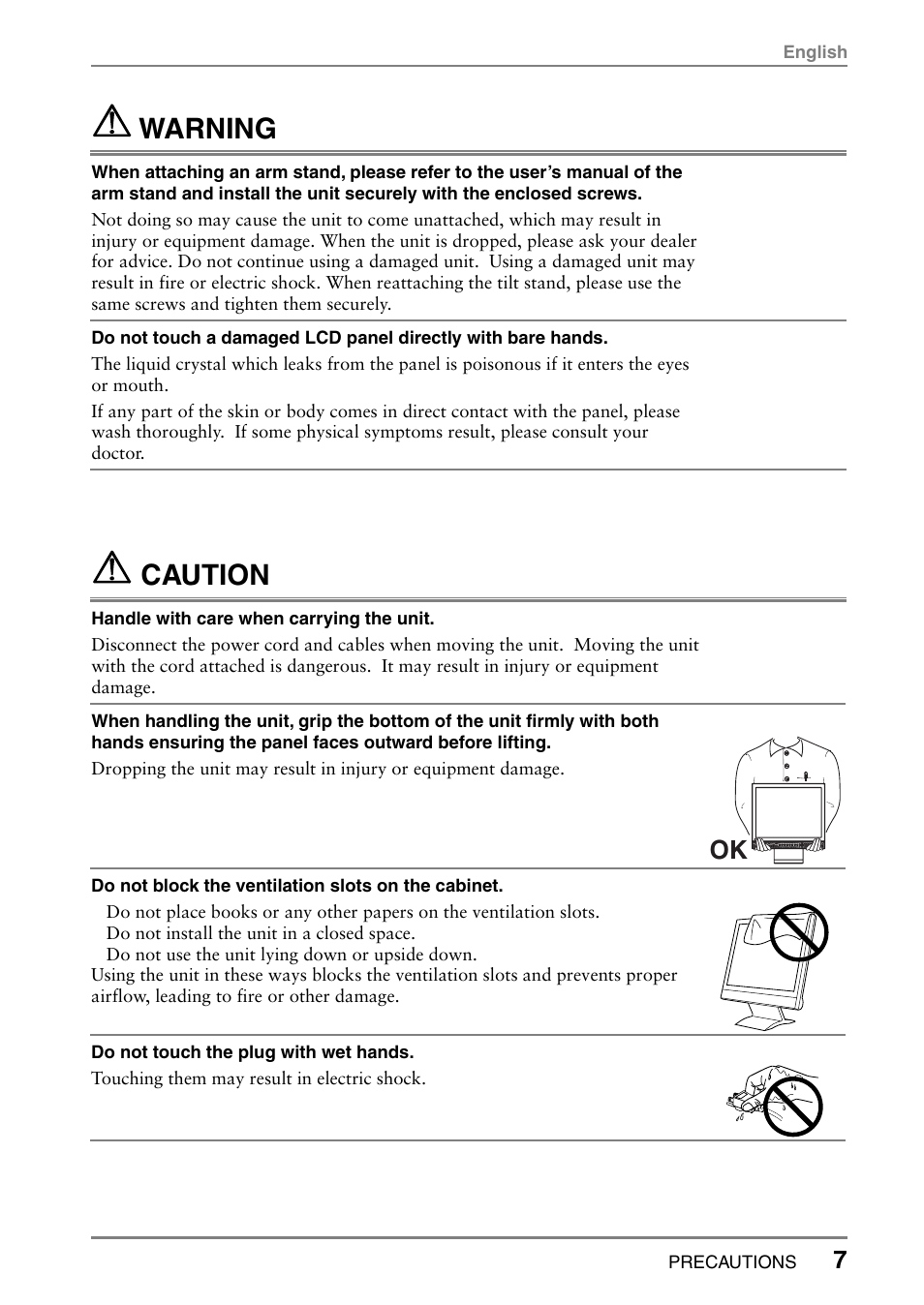 Warning, Caution | Eizo FlexScan L362T User Manual | Page 7 / 43