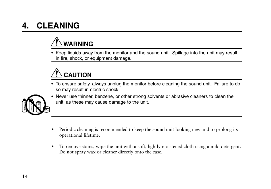 Cleaning, Warning, Caution | Eizo i I-SOUND L2 User Manual | Page 15 / 18