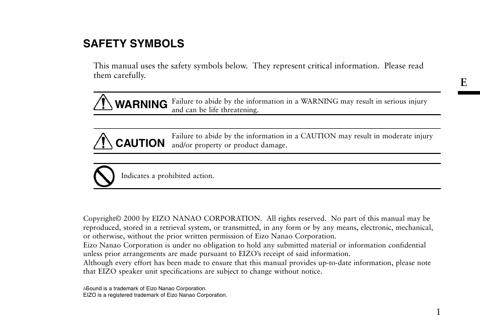 Safety symbols, Esafety symbols, Warning | Caution | Eizo i I-SOUND L2 User Manual | Page 2 / 18