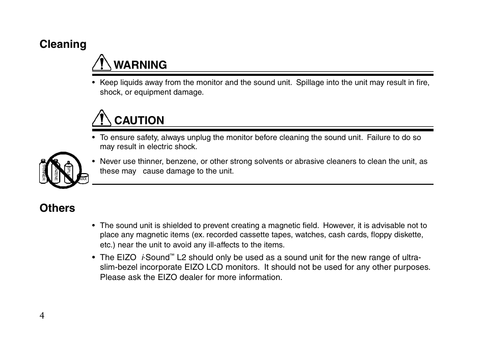 Cleaning warning, Caution, Others | The eizo i · sound | Eizo i I-SOUND L2 User Manual | Page 5 / 18
