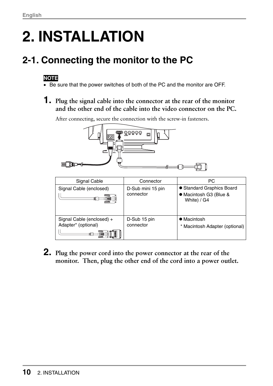 Installation, 1. connecting the monitor to the pc | Eizo T566 User Manual | Page 10 / 36