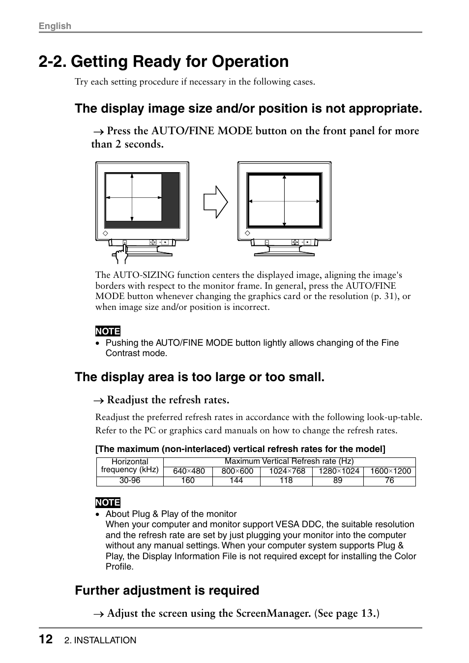 2. getting ready for operation, The display area is too large or too small, Further adjustment is required | Eizo T566 User Manual | Page 12 / 36