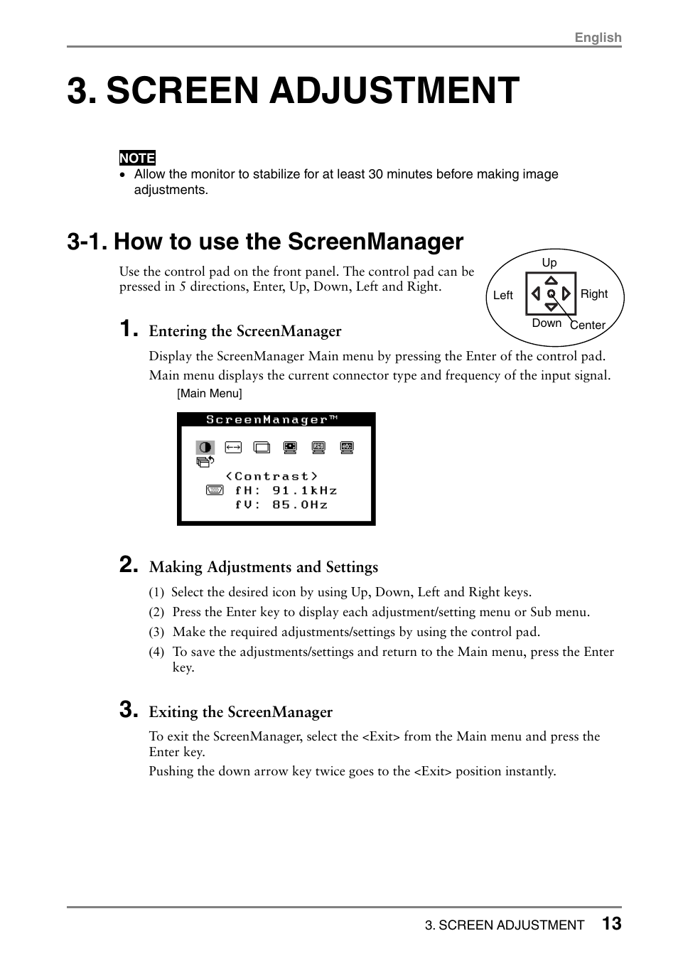 Screen adjustment, 1. how to use the screenmanager | Eizo T566 User Manual | Page 13 / 36