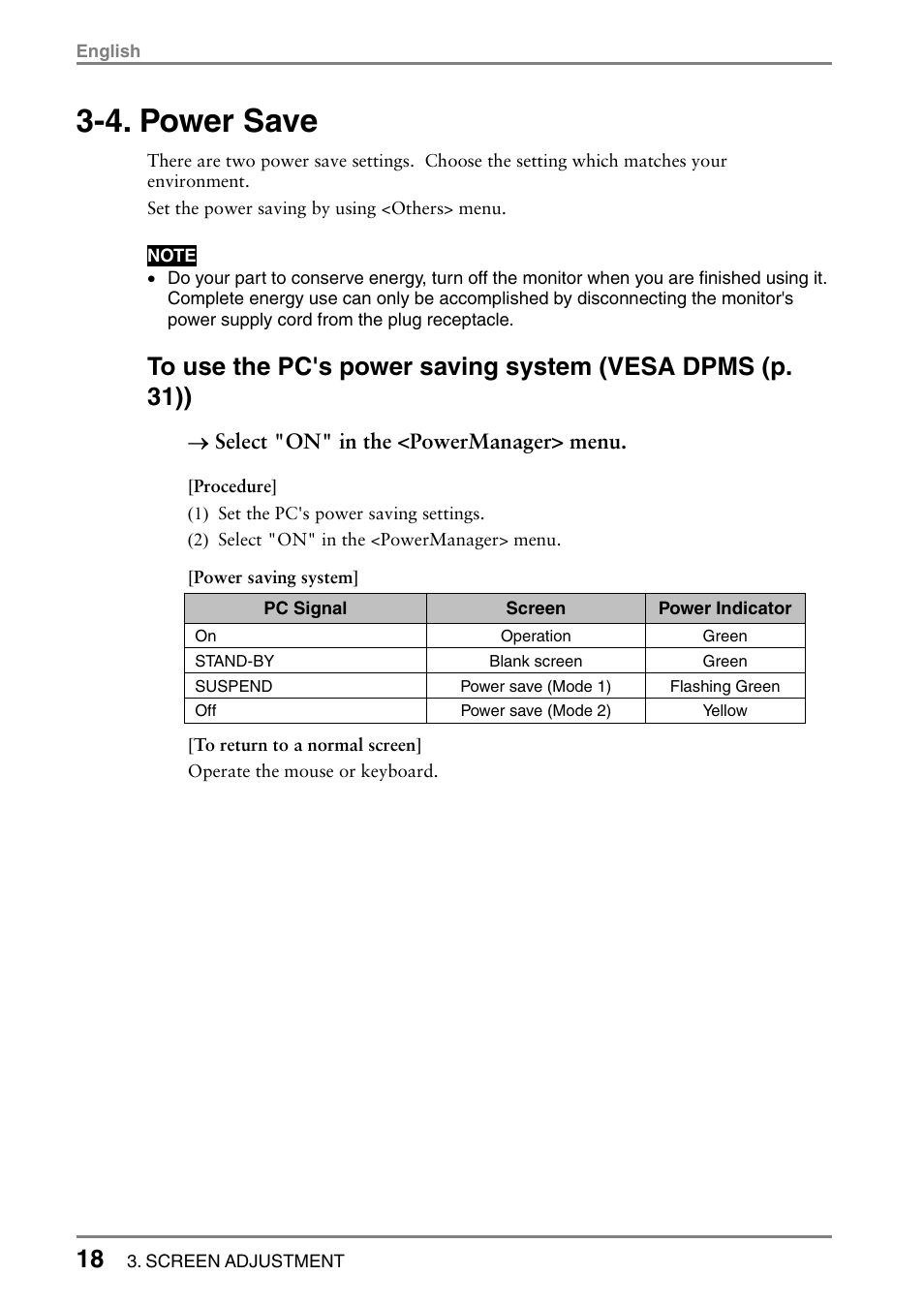4. power save, Select "on" in the <powermanager> menu | Eizo T566 User Manual | Page 18 / 36
