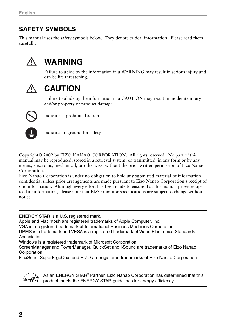 Safety symbols, Warning, Caution | Eizo T566 User Manual | Page 2 / 36