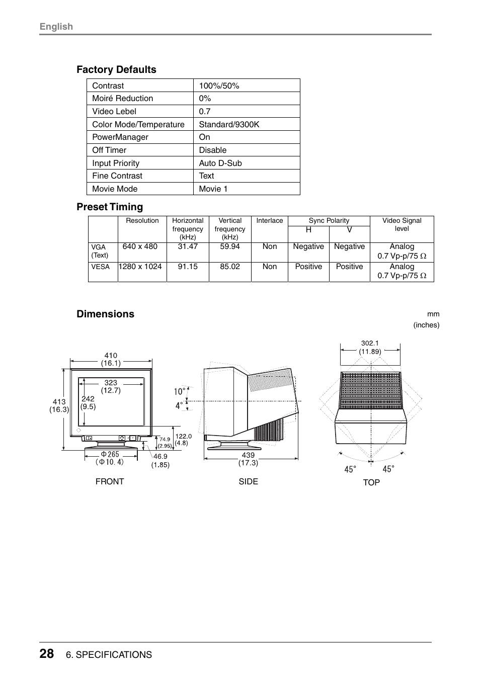 Factory defaults, Preset timing, Dimensions | Eizo T566 User Manual | Page 28 / 36