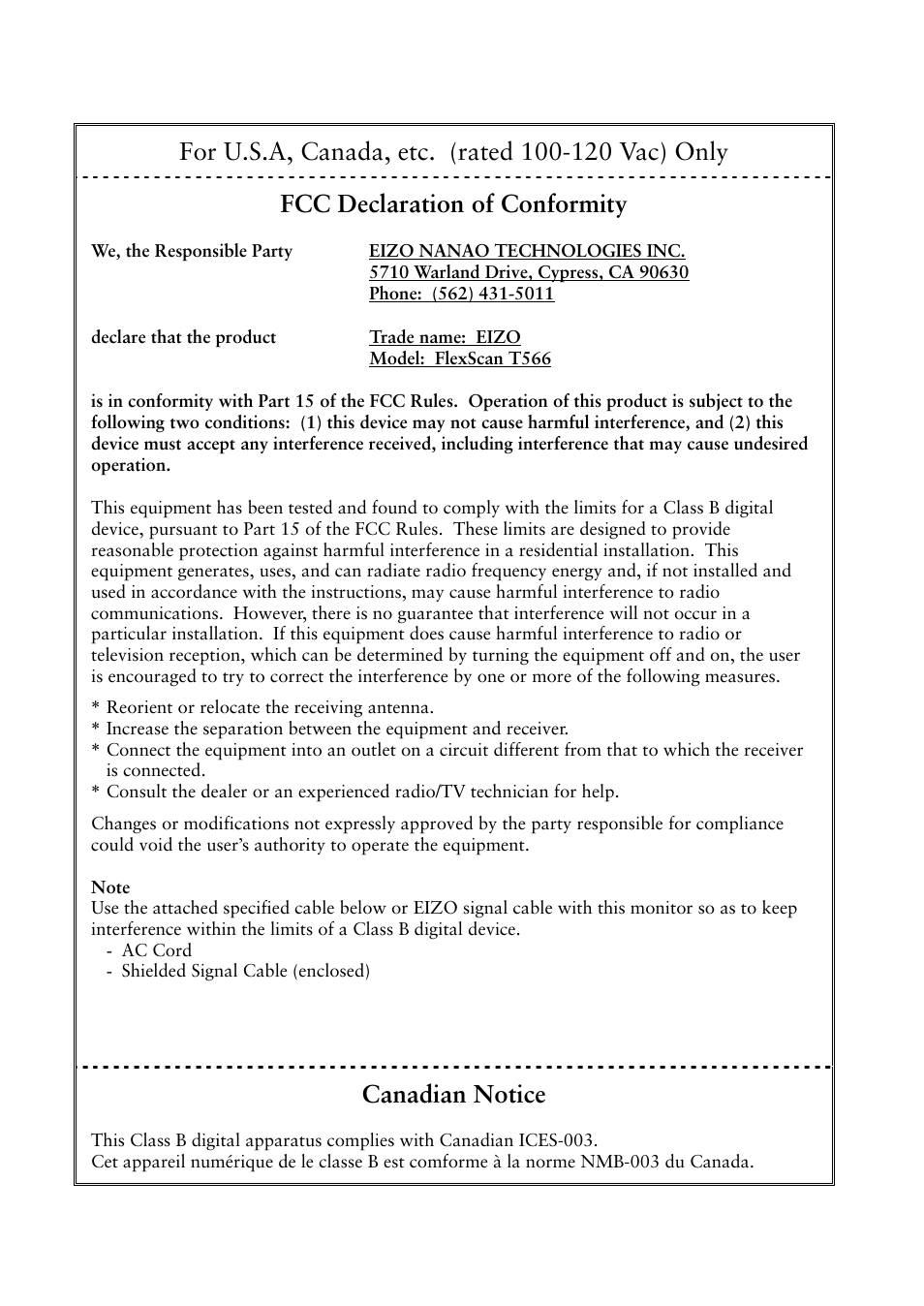Fcc declaration of conformity, Canadian notice | Eizo T566 User Manual | Page 34 / 36