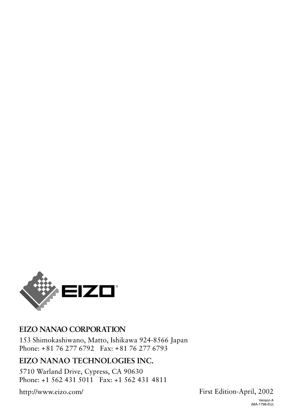 Eizo nanao corporation, Eizo nanao technologies inc | Eizo T566 User Manual | Page 36 / 36