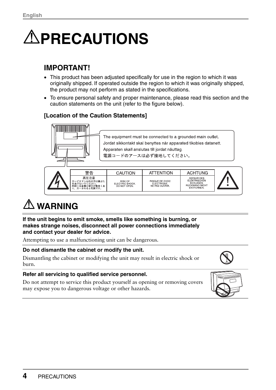 Precautions, Warning, Important | Eizo T566 User Manual | Page 4 / 36