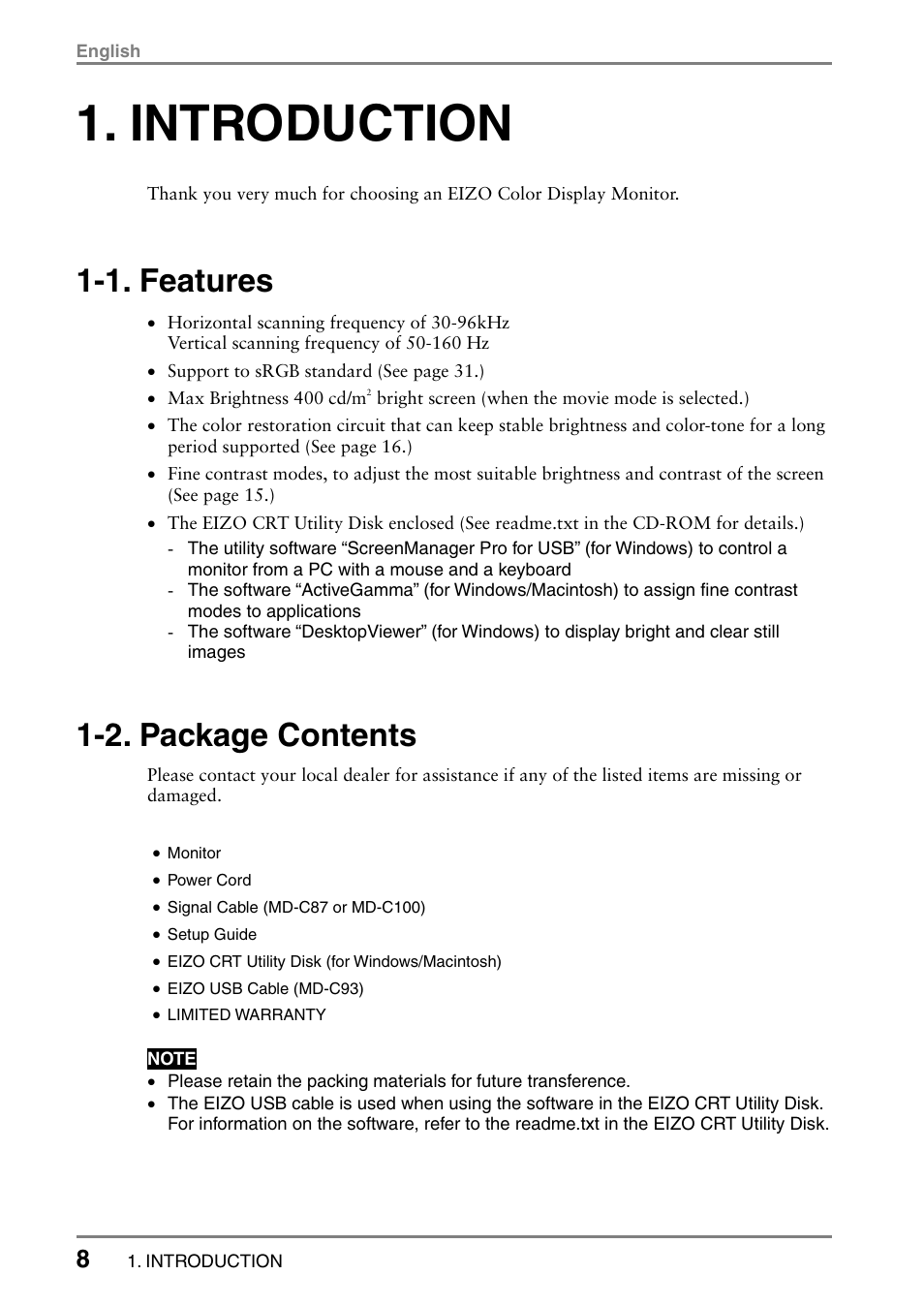 Introduction, 1. features, 2. package contents | Eizo T566 User Manual | Page 8 / 36