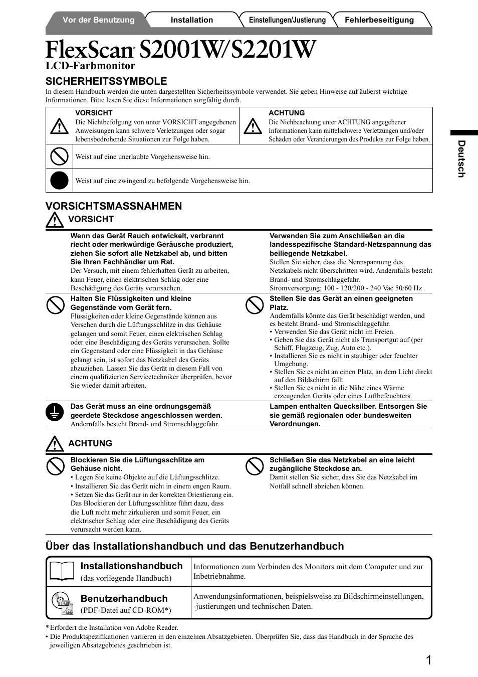 Lcd-farbmonitor, Sicherheitssymbole, Vorsichtsmassnahmen | Deutsch, Installationshandbuch, Benutzerhandbuch | Eizo FlexScan S2001W User Manual | Page 11 / 76