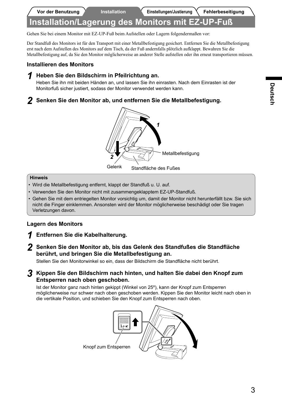 Installation/lagerung des monitors mit ez-up-fuß | Eizo FlexScan S2001W User Manual | Page 13 / 76