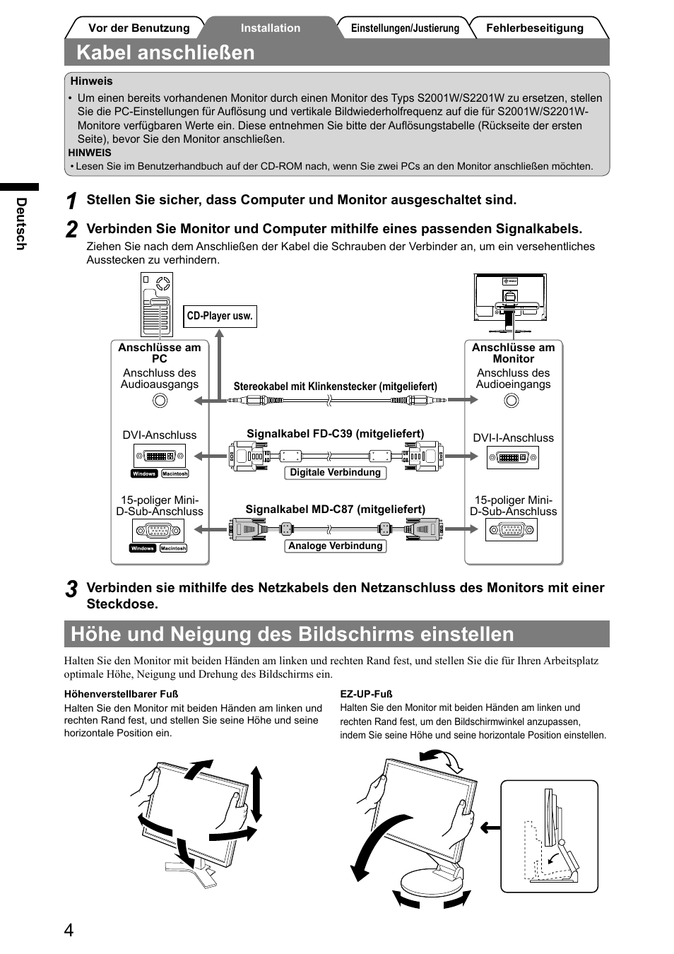 Kabel anschließen, Höhe und neigung des bildschirms einstellen | Eizo FlexScan S2001W User Manual | Page 14 / 76