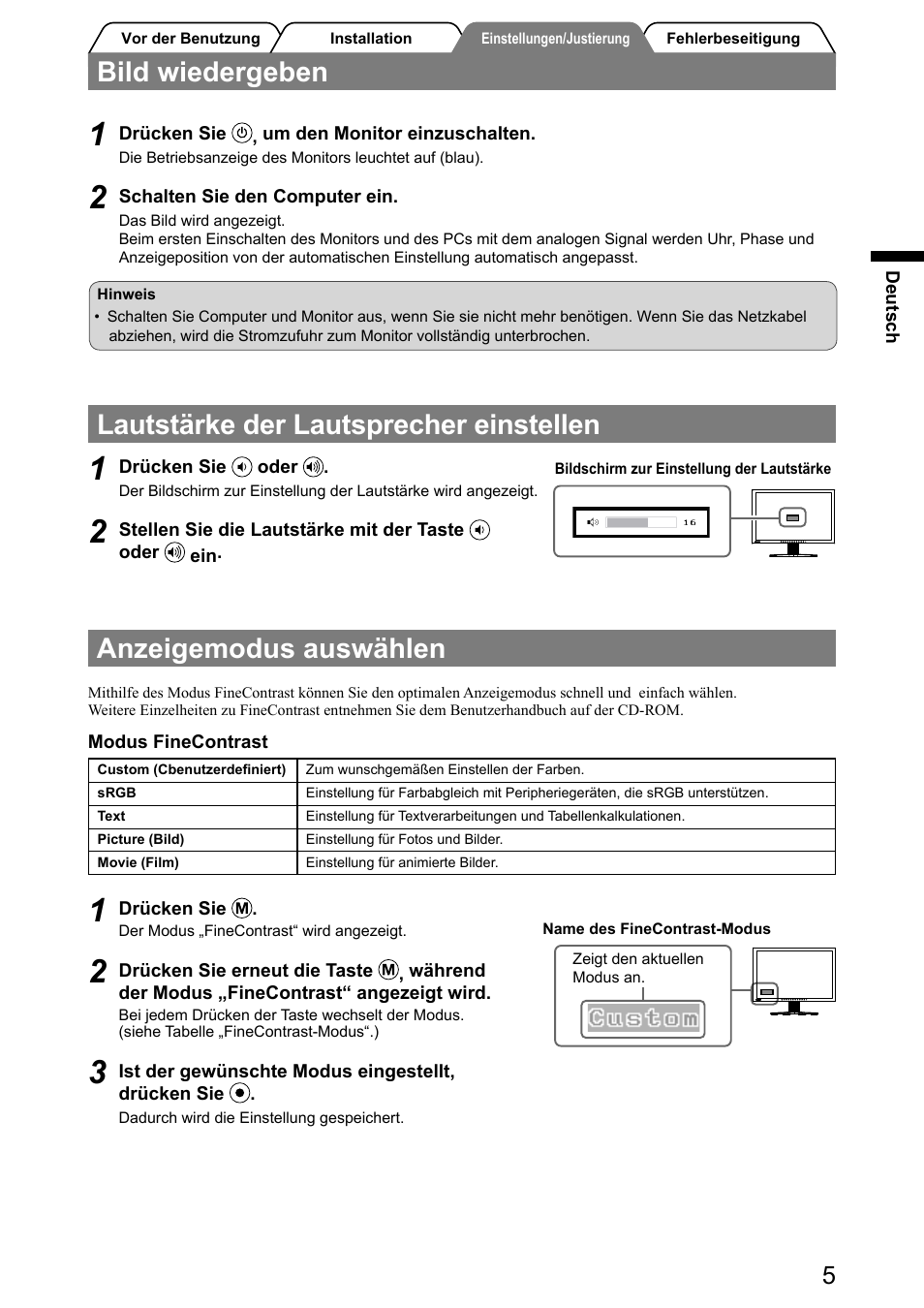 Anzeigemodus auswählen, Bild wiedergeben, Lautstärke der lautsprecher einstellen | Eizo FlexScan S2001W User Manual | Page 15 / 76