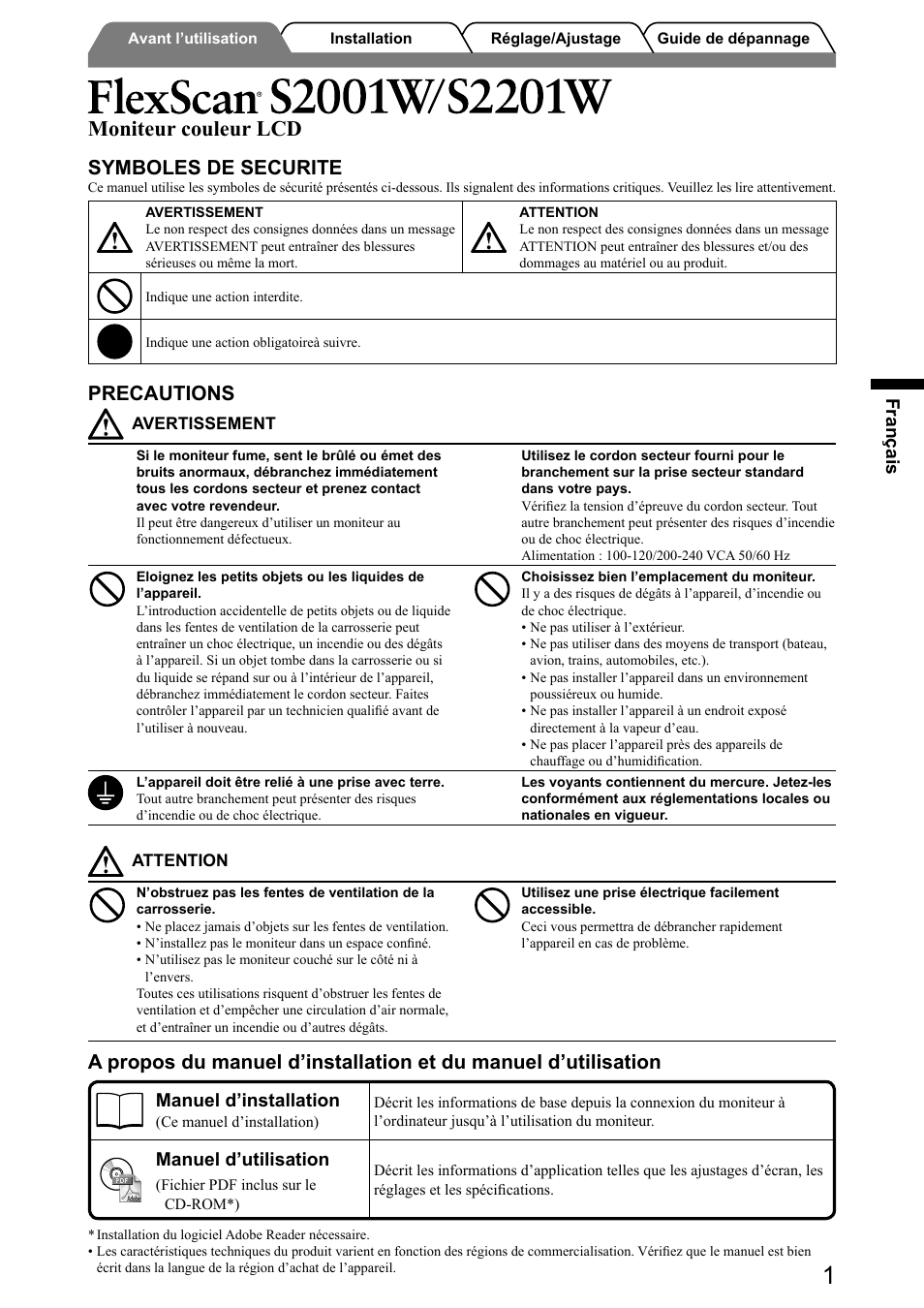 Moniteur couleur lcd, Symboles de securite, Precautions | Français, Manuel d’installation, Manuel d’utilisation | Eizo FlexScan S2001W User Manual | Page 19 / 76