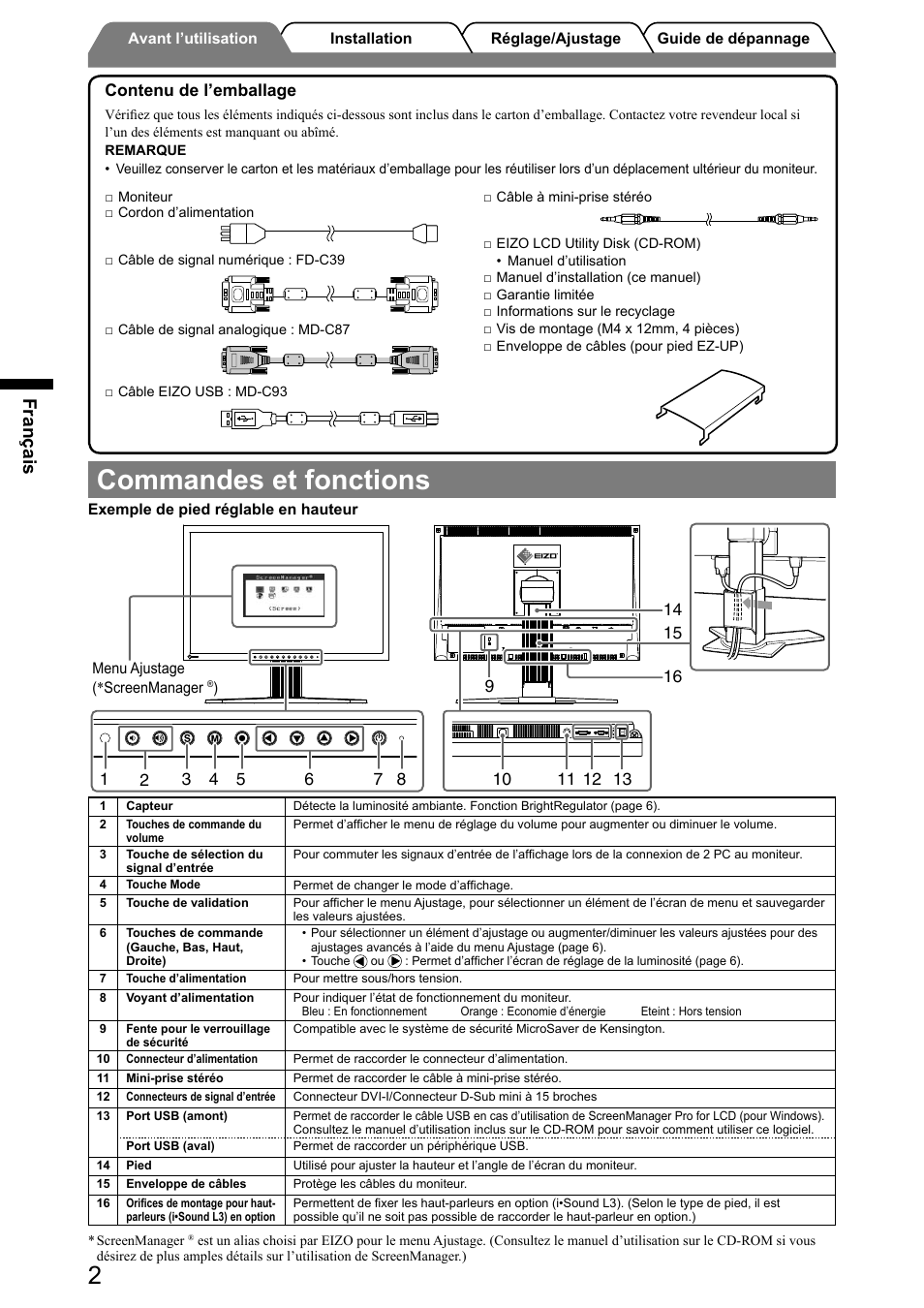 Commandes et fonctions, Français, Contenu de l’emballage | Eizo FlexScan S2001W User Manual | Page 20 / 76