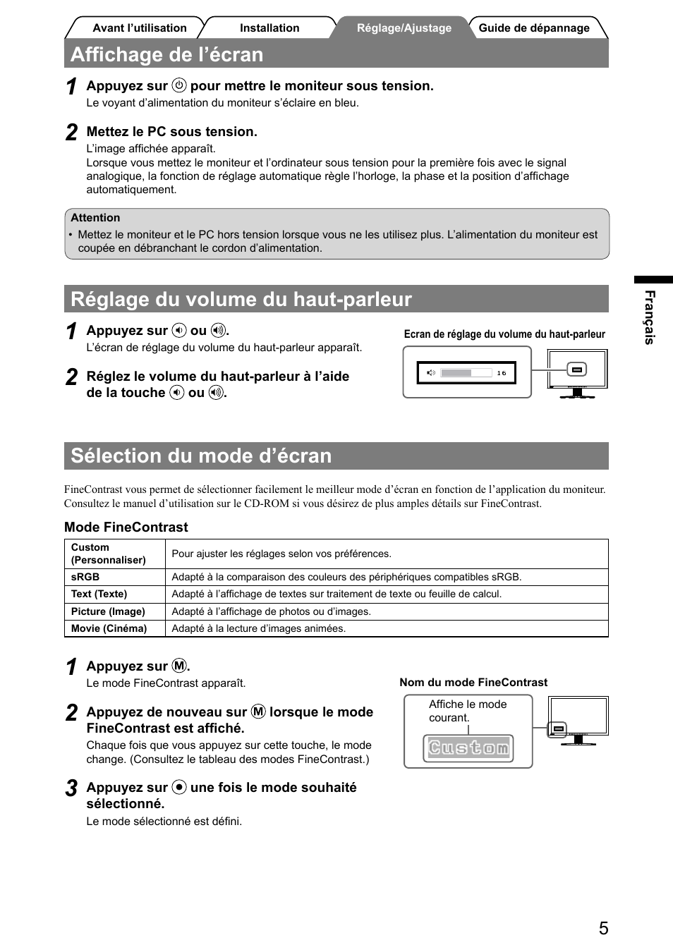 Sélection du mode d’écran, Afﬁchage de l’écran, Réglage du volume du haut-parleur | Eizo FlexScan S2001W User Manual | Page 23 / 76