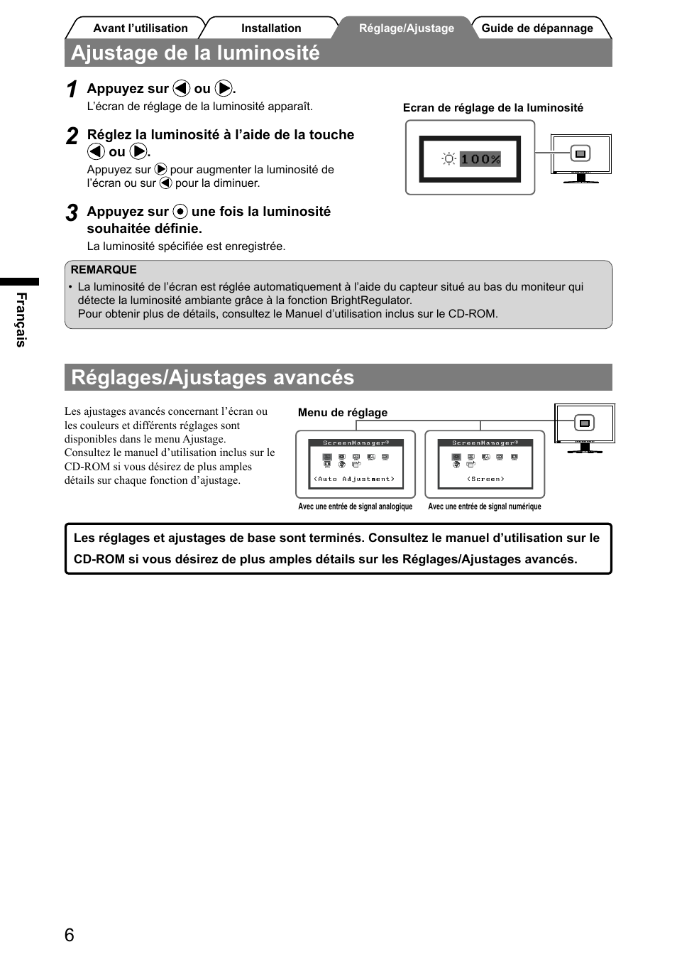 Ajustage de la luminosité, Réglages/ajustages avancés | Eizo FlexScan S2001W User Manual | Page 24 / 76